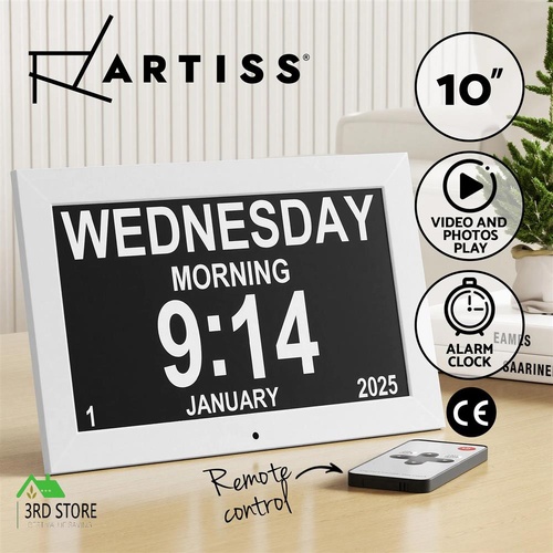 Artiss 10" Digital Day Clock Alarm Calendar Dementia Date Week Desk Clocks White