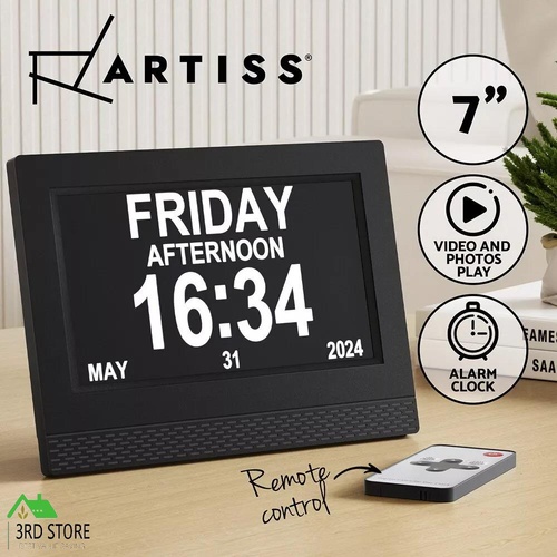 Artiss 7" Digital Day Clock Alarm Calendar Dementia Date Week Month Year Black
