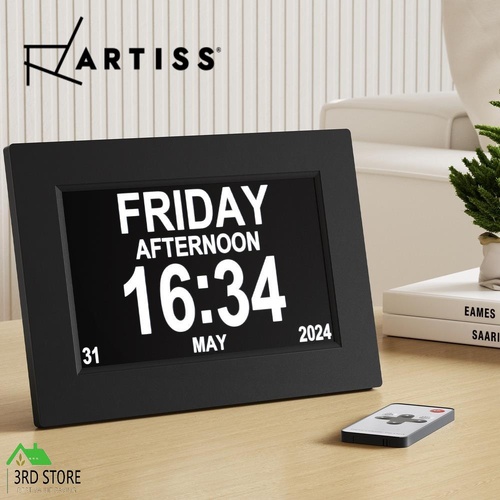 Artiss 8" Digital Day Clock Alarm Calendar Dementia Date Week Month Year Black
