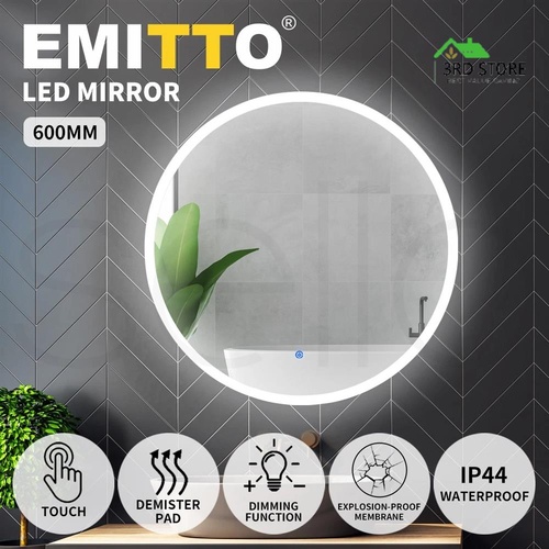 EMITTO LED Wall Mirror Round Anti-fog Bathroom Mirrors Makeup Light Decor 60cm