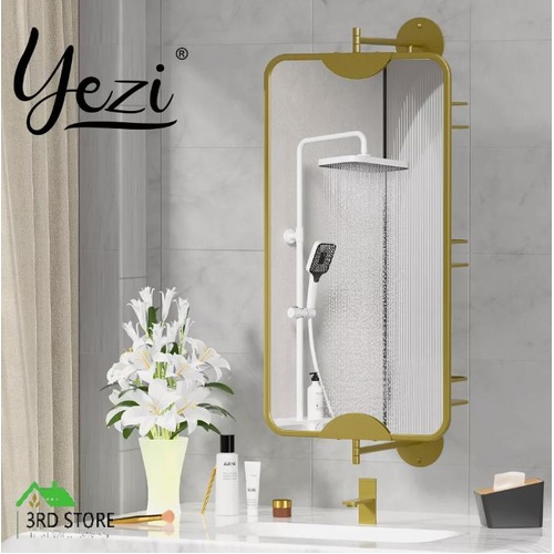 Yezi 70x35cm Wall Mirror 360° Swivel Bathroom Storage Mirrors Double-Side Gold