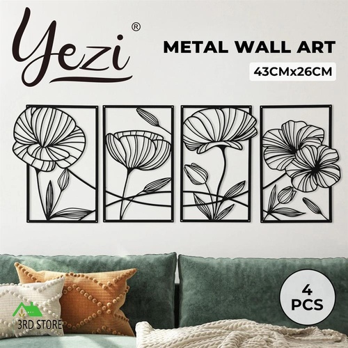 Yezi Wall Decor 4 Pcs Black Metal Floral Minimalist Line Art Modern Sculpture
