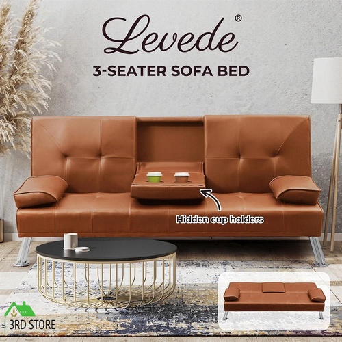 Adjustable Sofa Bed Lounge Futon Couch Leather Beds 3 Seater Cup Holder Recliner Brown