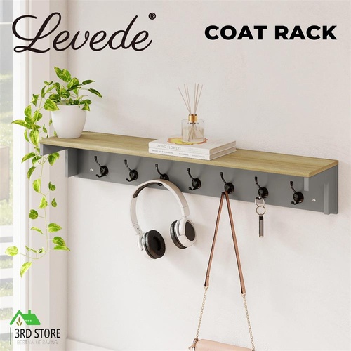 Levede Coat Rack Wall Mounted Shelf 7 Double Hooks Storage Entryway Hallway Grey