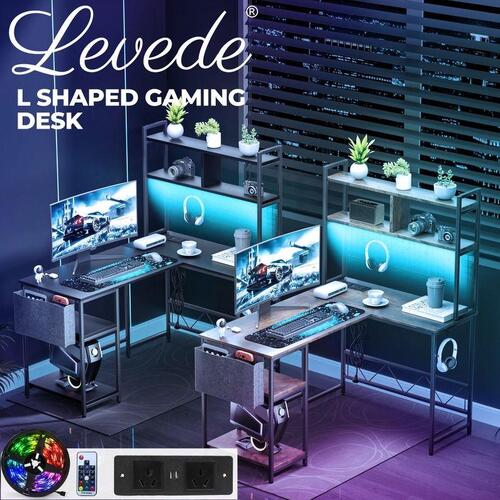 Levede Corner Gaming Computer Desk L Shaped LED Lights USB Charge Office Table