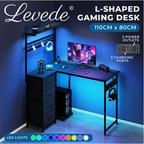 Levede Computer Desk Convertible L-shaped Study Table Metal Frame with Drawers