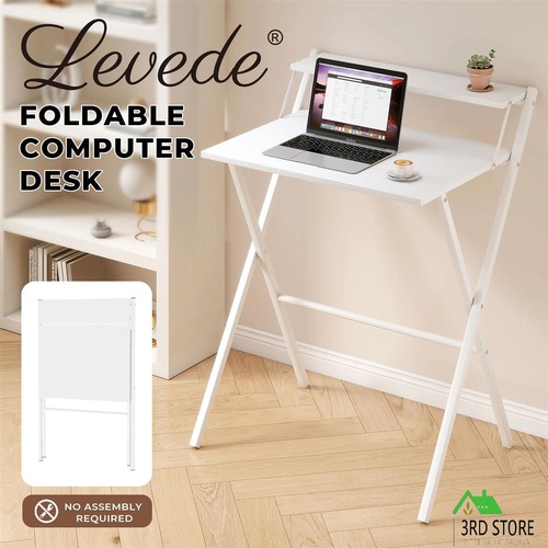 Levede Foldable Computer Desk Office Study Workstation with Monitor Shelf White