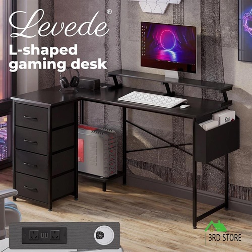 Levede L Shaped Gaming Desk Storage Drawers Power Outlet Home Office Study Black