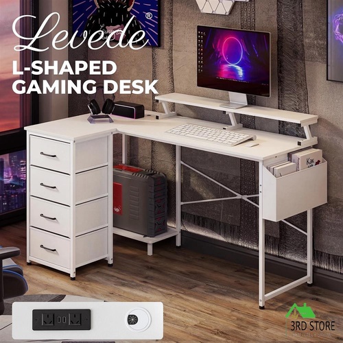 Levede L Shaped Gaming Desk Storage Drawers Power Outlet Home Office Study White