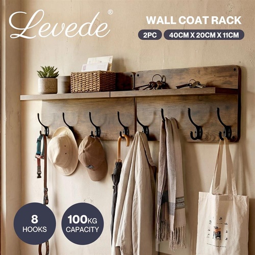 Levede Wall Mounted Coat Rack 2 Pcs Entryway Organizer Storage Rack Shelf Hooks