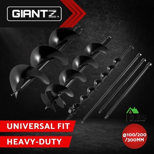 Giantz Post Hole Digger Auger Drill Bit Set 100mm 200mm 300mm Carbon Steel Black