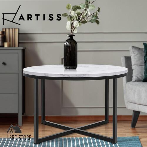 Artiss Round Coffee Table Side End Tables Bedside Marble Effect Black Metal 70cm