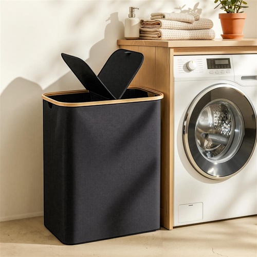 Artiss 2 Sections Laundry Basket with Removable Bags Foldable Black