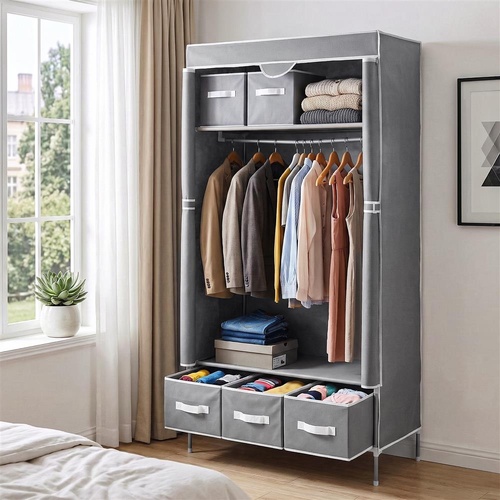 Artiss Large Portable Clothes Closet Wardrobe with Tiebacks Grey