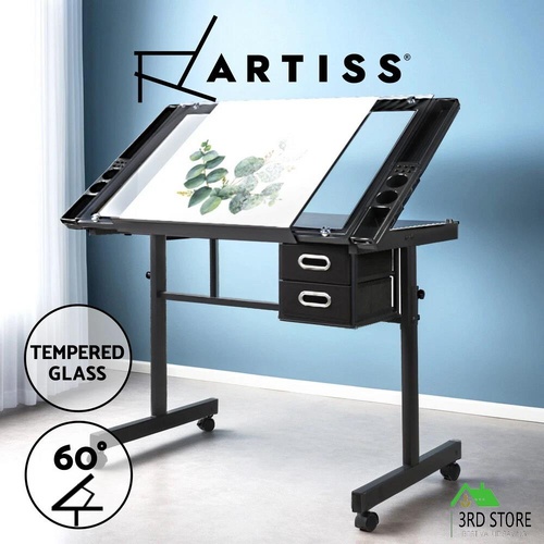 Artiss Drawing Desk Drafting Table Craft Adjustable Glass Art Tilt Drawers Black