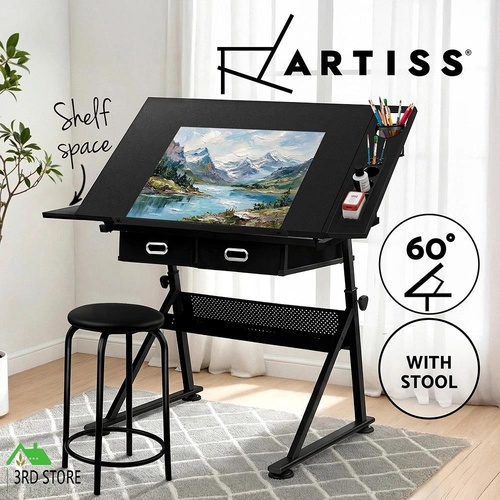 Artiss Drawing Desk Stool Set Drafting Table Adjustable Angle Tilt Drawers Black