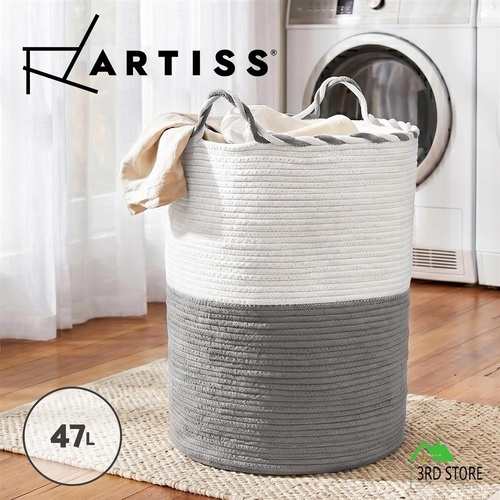 Artiss Woven Laundry Basket with handles Foldable White & Grey