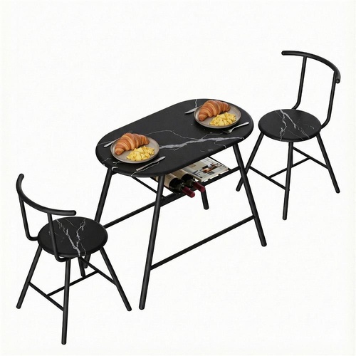 Artiss Dining Table Set 3PC Bistro Kitchen Storage Wine Rack Black Marble Style