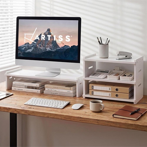 Artiss Monitor Stand and 3-Tier Desk Organiser 2-in-1 Modular Computer Monitor Riser PVC Desktop Shelf Holds 20kg for Office Students Gaming
