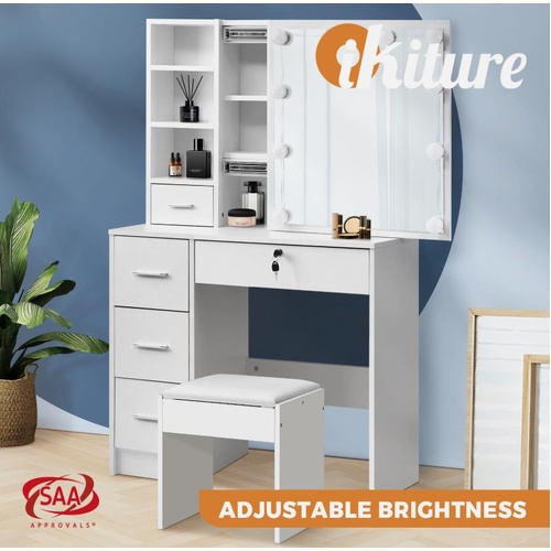 Oikiture Dressing Table Stool Set Makeup Desk Mirror Storage Drawer w/ LED Bulbs