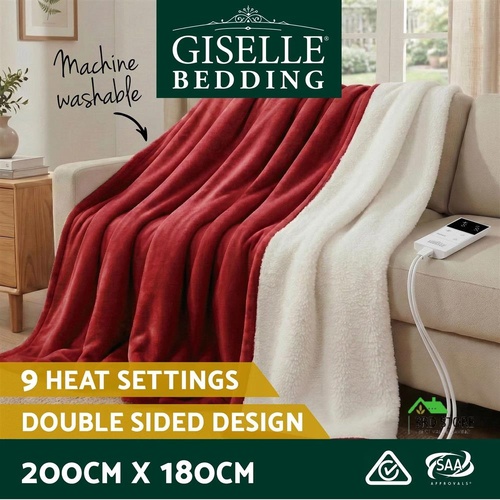 Giselle Electric Throw Rug Double Size 200x180cm Fleece Flannel Heated Blanket Burgundy