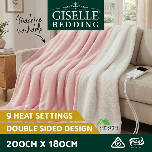 Giselle Electric Throw Rug Double Size 200x180cm Fleece Flannel Heated Blanket Pink