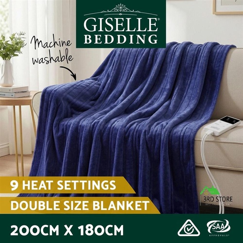 Giselle Electric Throw Rug Double Size 200x180cm Coral Fleece Heated Blanket Navy Blue