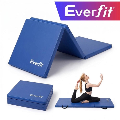 Everfit 180x60cm Gymnastics Mats Folding Exercise Floor Mat Portable 3 Fold Tumbling Mat Blue