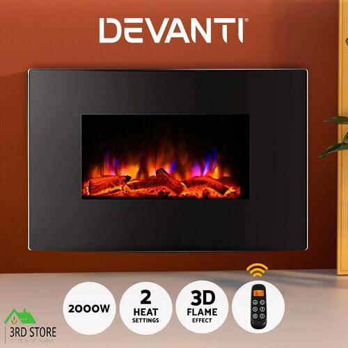Devanti Electric Fireplace Heater Wall Mounted Log Wood Realistic Flame 2000W