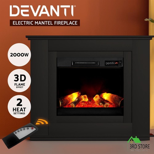 Devanti 2000WElectric Fireplace Mantle Portable Fire Heater Convection Log Heat Panel- black