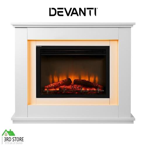 Devanti 2000W Electric Fireplace Mantle Portable Fire Log Wood Heater 3D Flame Effect White