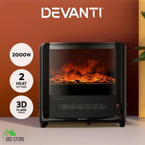 Devanti Electric Fireplace 3D Flame Effect Timer Portable Indoor Heater 2000W