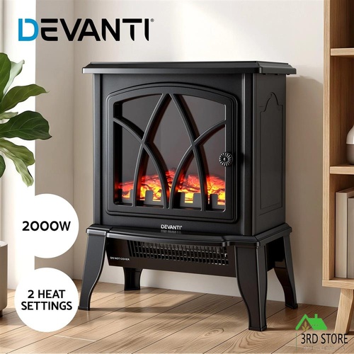 Devanti 2000W Electric Fireplace Heater Stove Freestanding 3D Flame Effect Indoor Space Heaters