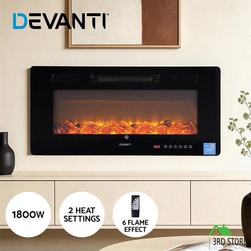 Devanti Electric Fireplace Fire Heater Wall Mounted Insert 3D Flame 1800W Remote Control
