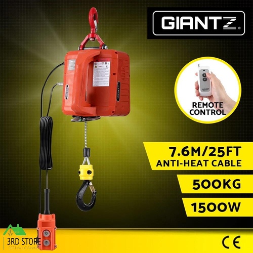 Giantz Electric Hoist Winch 500KG Wired/Wireless Remote Control Cable 7.6M