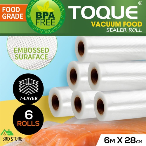 TOQUE Vacuum Food Sealer Bags 6 Rolls Storage Saver Seal Heat Commercial 6Mx28CM