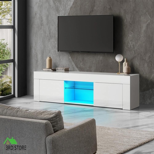 Oikiture Entertainment Unit TV Unit TV Cabinet Stand LED RGB Gloss 130cm White