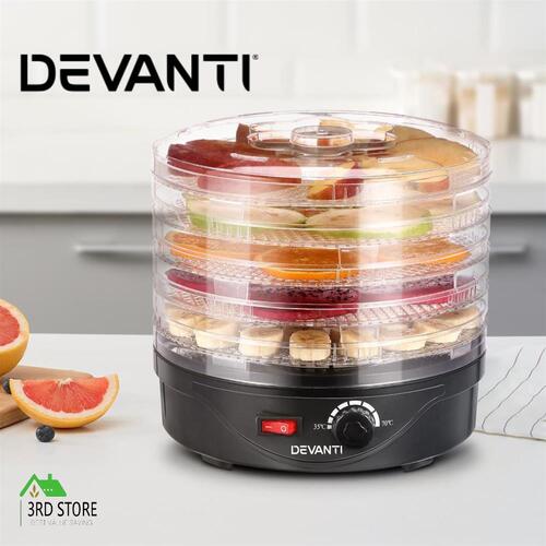 Devanti 5 Trays Food Dehydrator Fruit Dehydrators Pet Beef Jerky Dryer Black