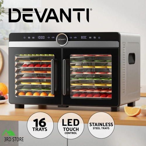 Devanti 16 Trays Food Dehydrator Dual-Zone Stainless Steel Fruit Jerky Dryer