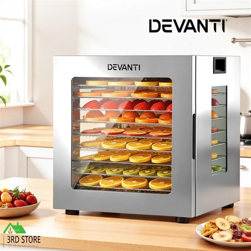 Devanti 10 Trays Food Dehydrator Stainless Steel Visible Glass Door 850W