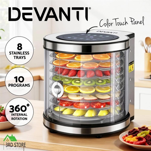 Devanti 8 Trays Food Dehydrator Stainless Steel Auto-Rotate 10 Programs 700W