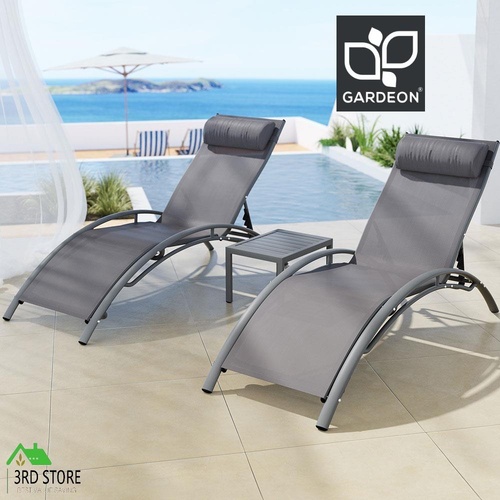 Gardeon 3PC Sun Lounge Outdoor Lounger Steel Table Chairs Patio Furniture Grey