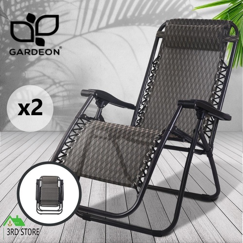 Gardeon Zero Gravity Chairs 2PC Reclining Outdoor Furniture Sun Lounge Folding Camping Lounger Grey