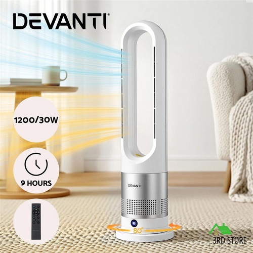 Devanti Bladeless Tower Fan Heater and Cooler 2in1 Portable Oscillation Fan for Bedroom Room Office Use White