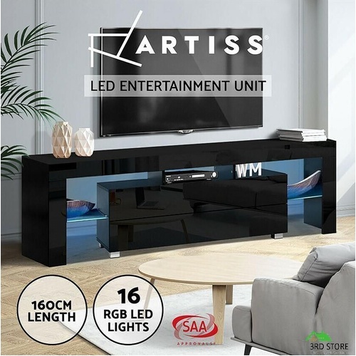 Artiss TV Cabinet Entertainment Unit Stand RGB LED High Gloss 2 Drawers 160cm