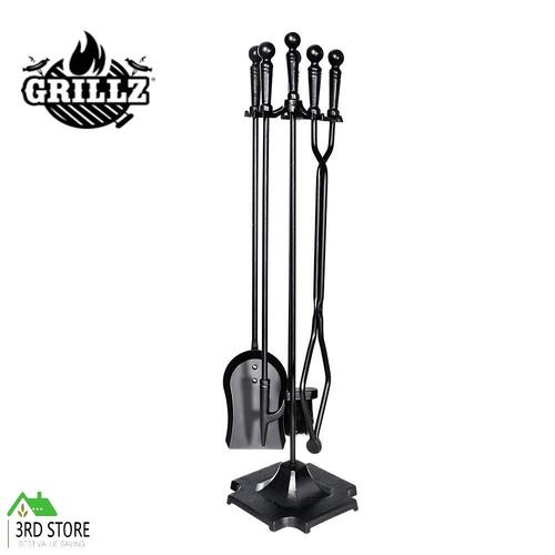 Grillz Fireplace Tool Set Fire Place Tools Poker Brush Shovel Stand Tongs 5 PCS
