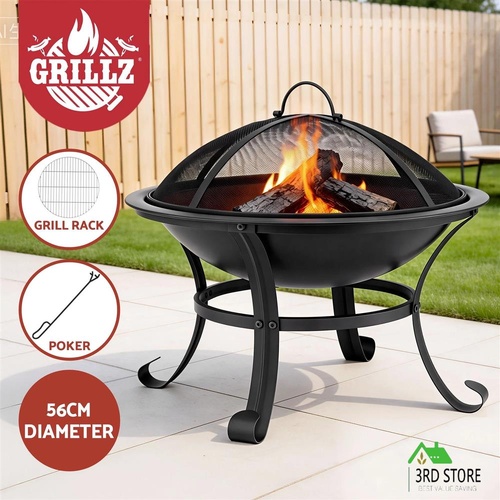 Grillz Fire Pit with Mesh Lid and Fire Picker BBQ Grill Wood Burning Outdoor Camping