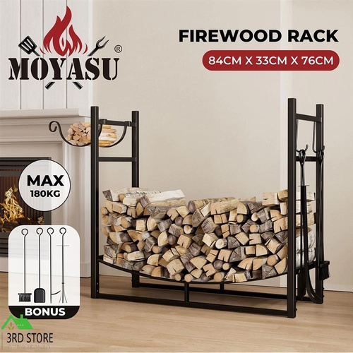 Moyasu Firewood Rack with Kindling Holder Steel Fireplace Tool Log Wood Storage