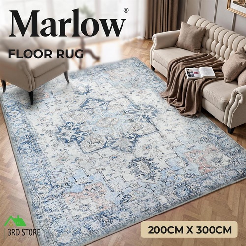Marlow Floor Rug Vintage 6mm Polyester Washable Area Rugs Plush TPR Non Slip