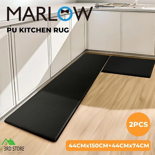 Marlow Kitchen Runner 2PCS Cushioned PU Anti Fatigue Non Slip Waterproof Black